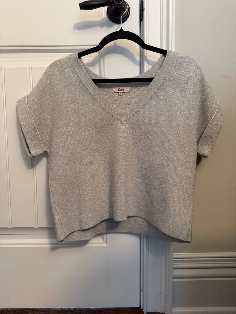 Elan Sparkle Short Sleeve V-Neck Sweater Top - Silver